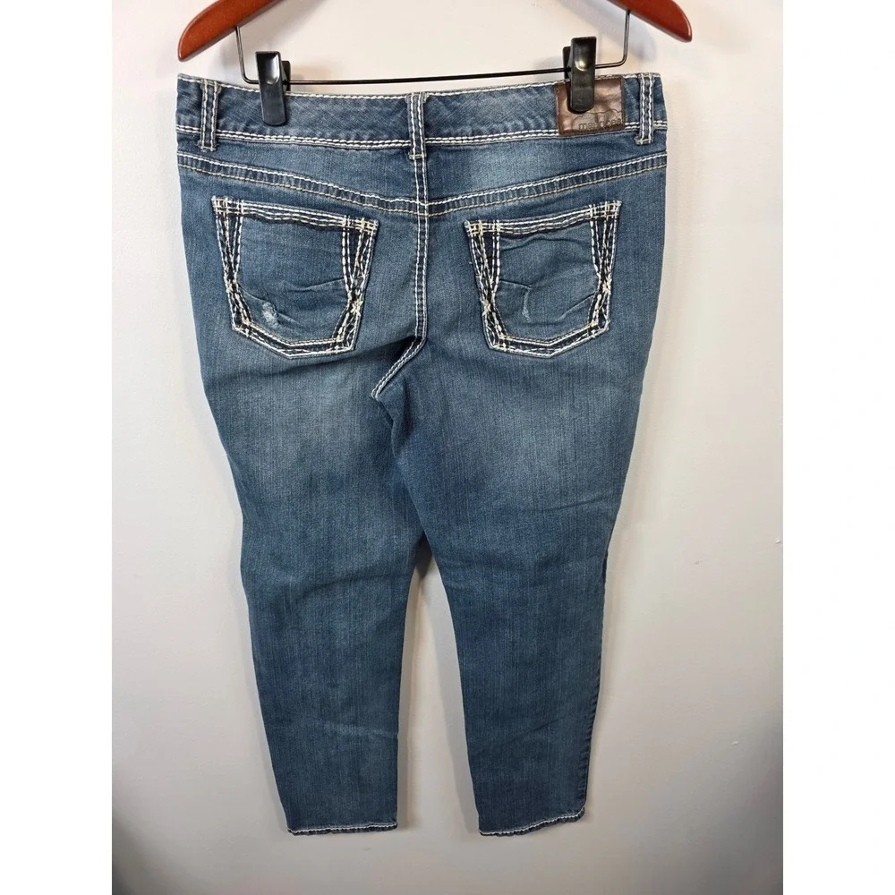 Maurices Womens Distressed Skinny Jeans Medium Wash Contrast Stitch Size 11/12